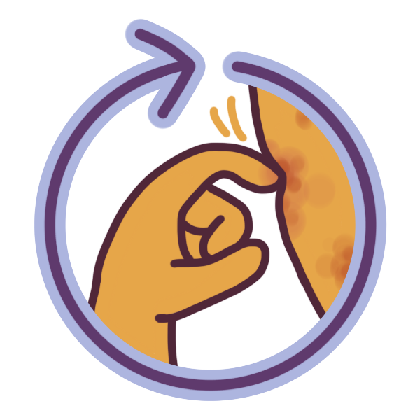 a hand scratching at skin, surrounded by a looping purple arrow.
